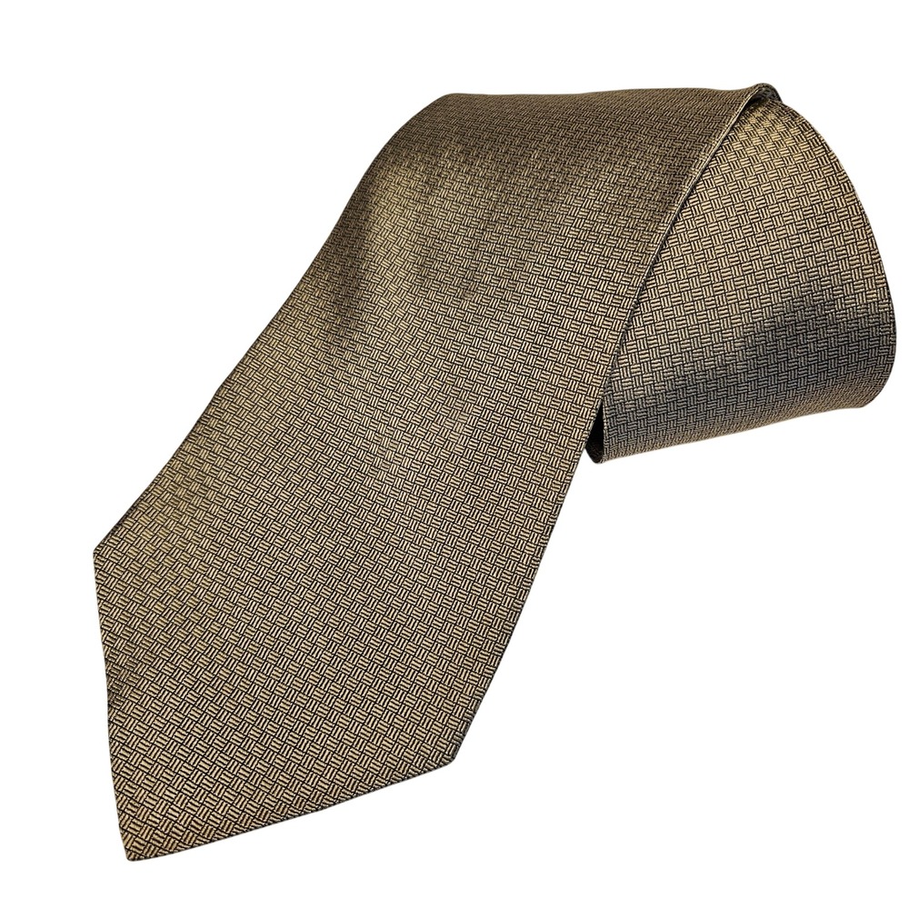 Faconnable Mens Gold Bronze Silk Basketweave Geometric‎ Formal Necktie Tie